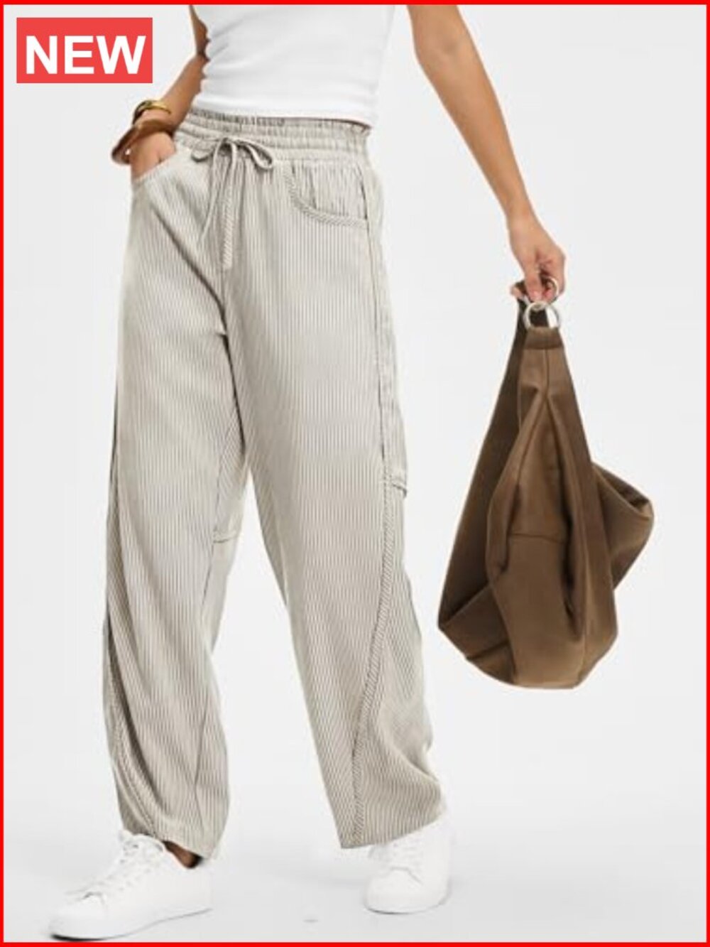 Womens Striped Barrel Casual Pants Elastic Drawstring Wide Leg Trousers with - Picture 5 of 7